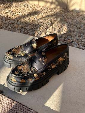 Taft Women's Flora Chunky Penny Loafer in Black Floral Jacquard